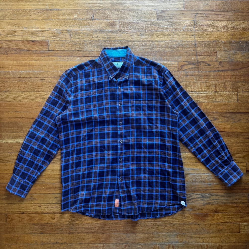 Carroll & Co Beverly Hills Plaid Button Down Shirt‎ XL Made in Switzerland Blue